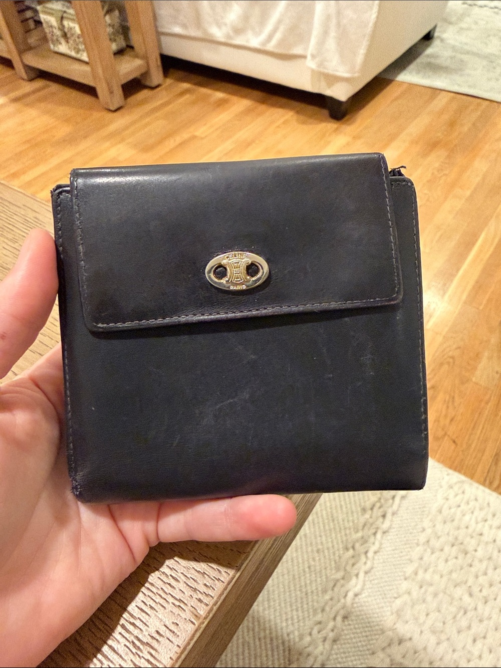VTG Celine Black Leather Wallet with Gold Triomphe and Kiss Lock